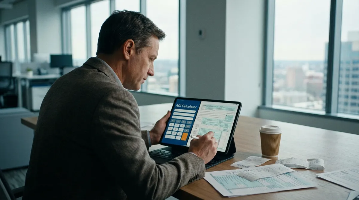 Person calculating Adjusted Gross Income on a tablet with tax forms