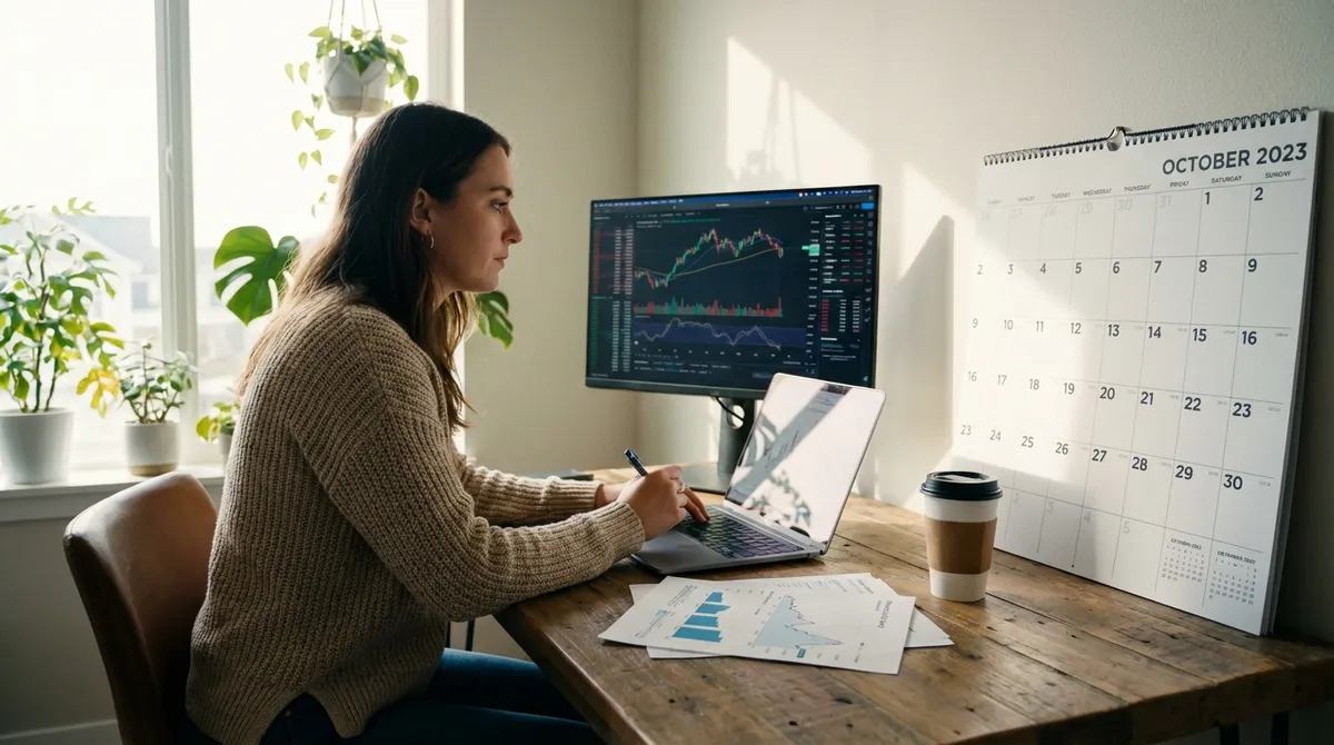 Freelancer planning quarterly estimated tax payments in a modern home office