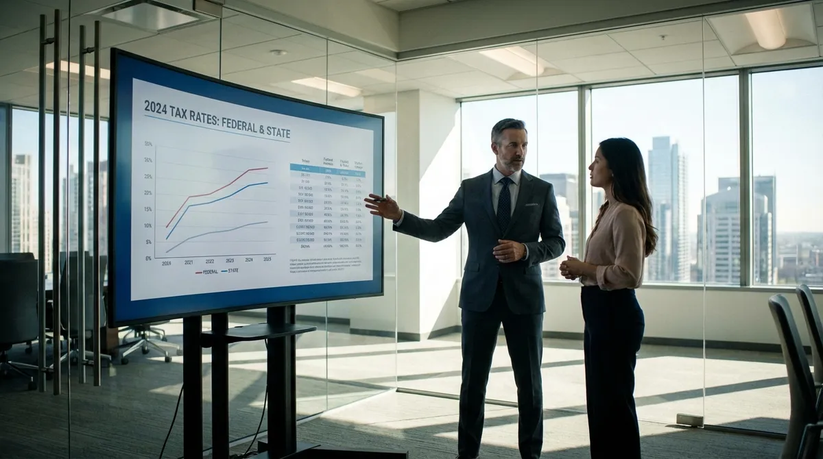 Financial advisor explaining tax rates and effective tax burden to a client in a modern office