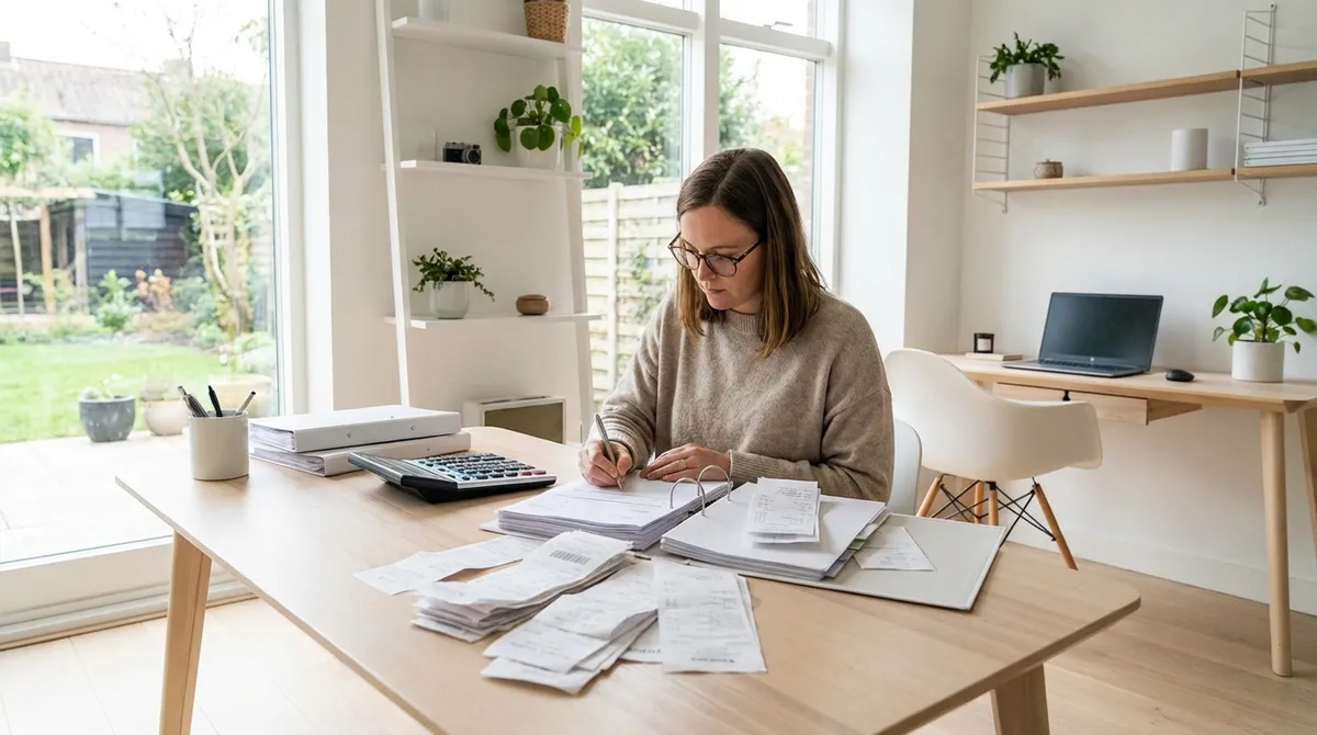 Person calculating tax return and organizing financial documents