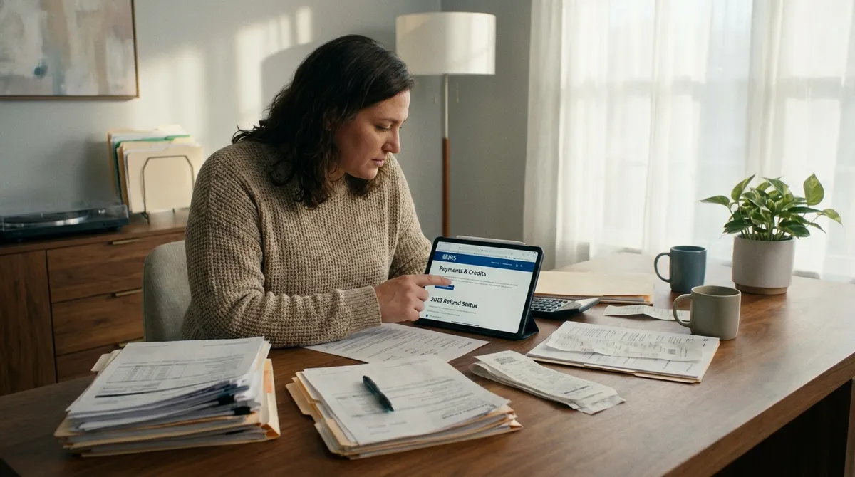 Person organizing tax documents and checking IRS credits
