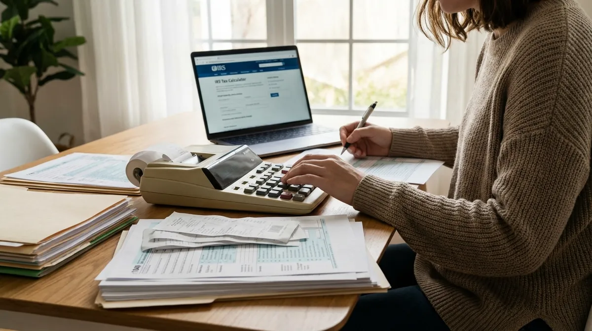 IRS Tax Calculator showing tax forms and calculator