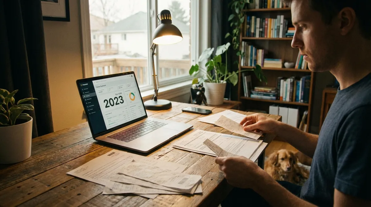 Person organizing 2023 tax documents and calculating refund on laptop