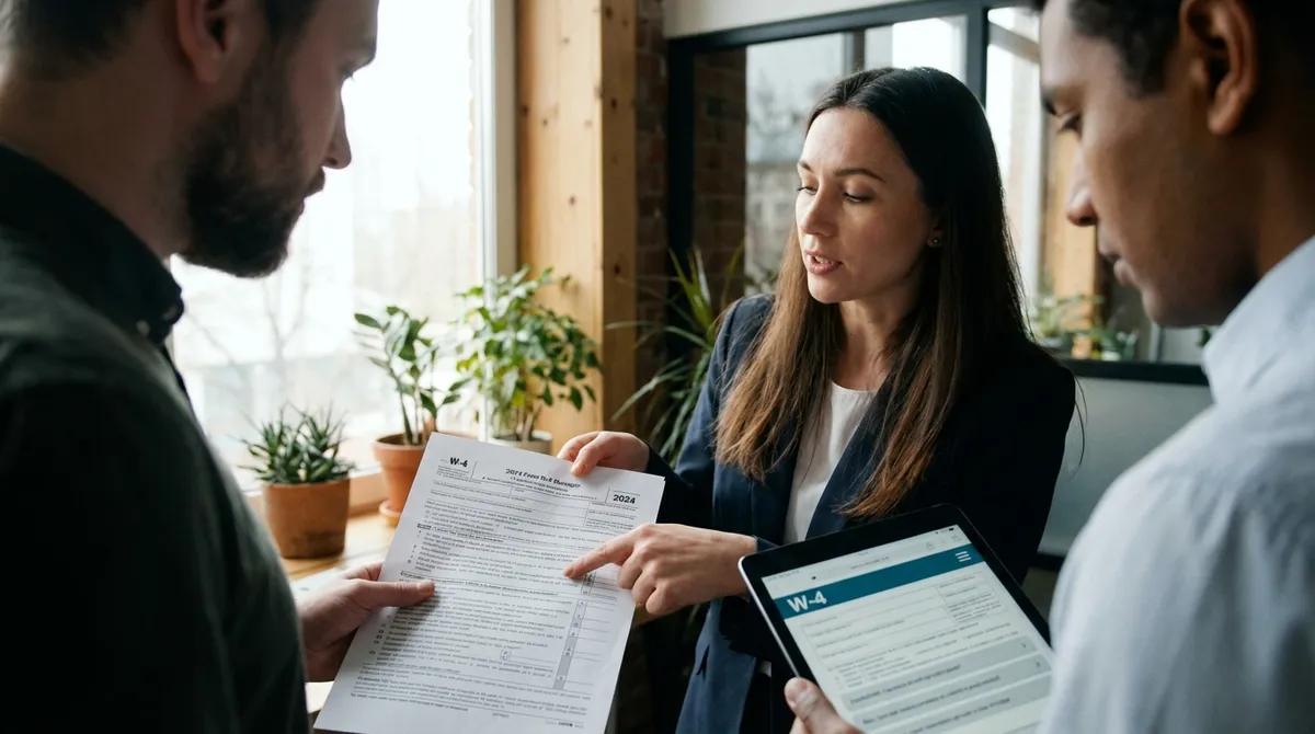 HR professional explaining W-4 form details to an employee
