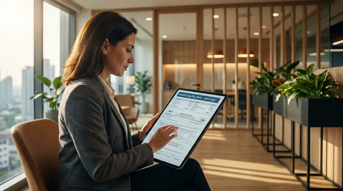 Professional reviewing tax withholding and paycheck details