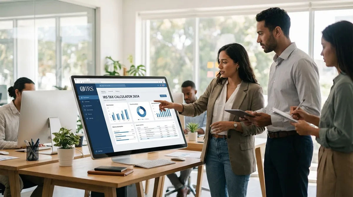 IRS Tax Calculator 2024 concept with financial documents and digital interface