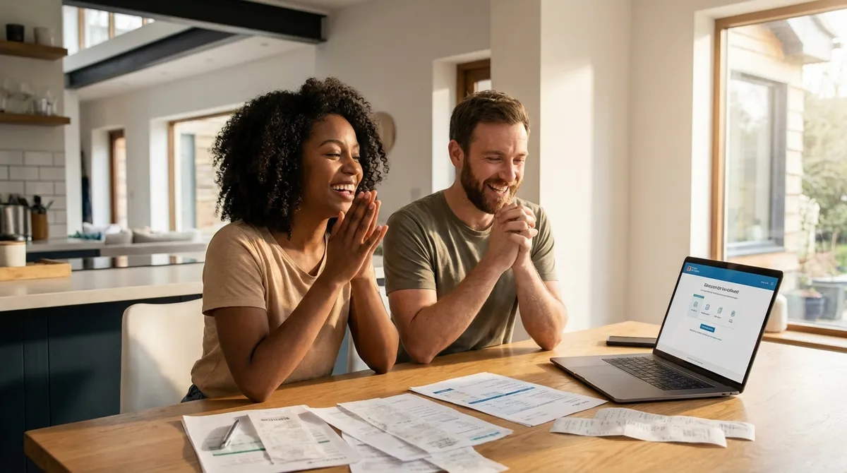 Couple happily reviewing their tax refund estimate on a laptop