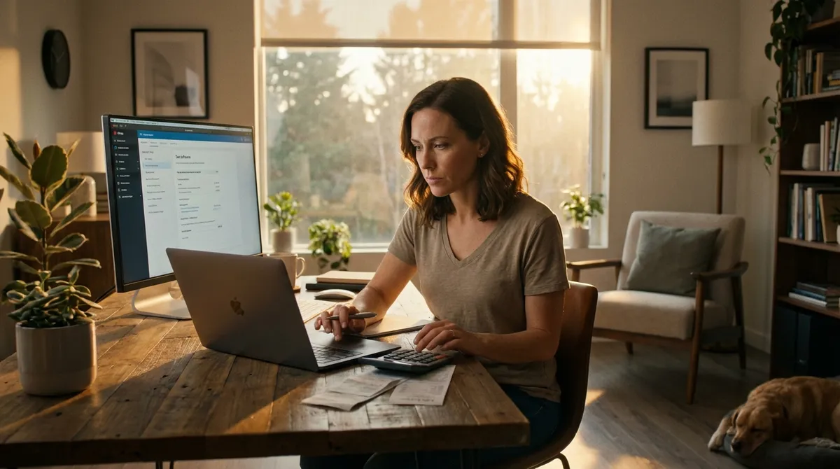 Freelancer calculating 1099 taxes on a laptop in a modern home office
