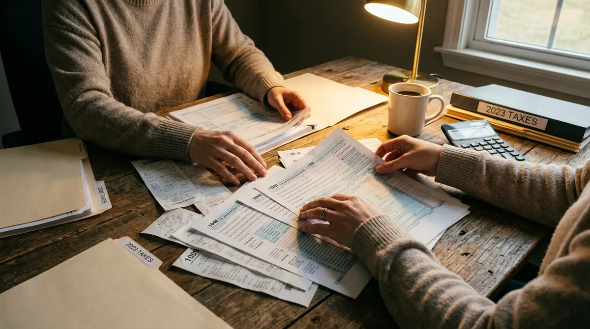 Person organizing 2023 tax documents and receipts