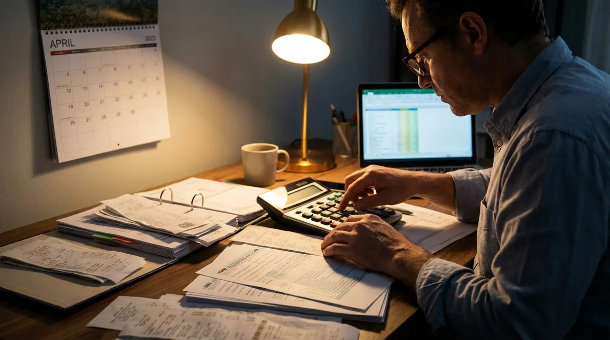Person calculating 2023 taxes with documents and calculator