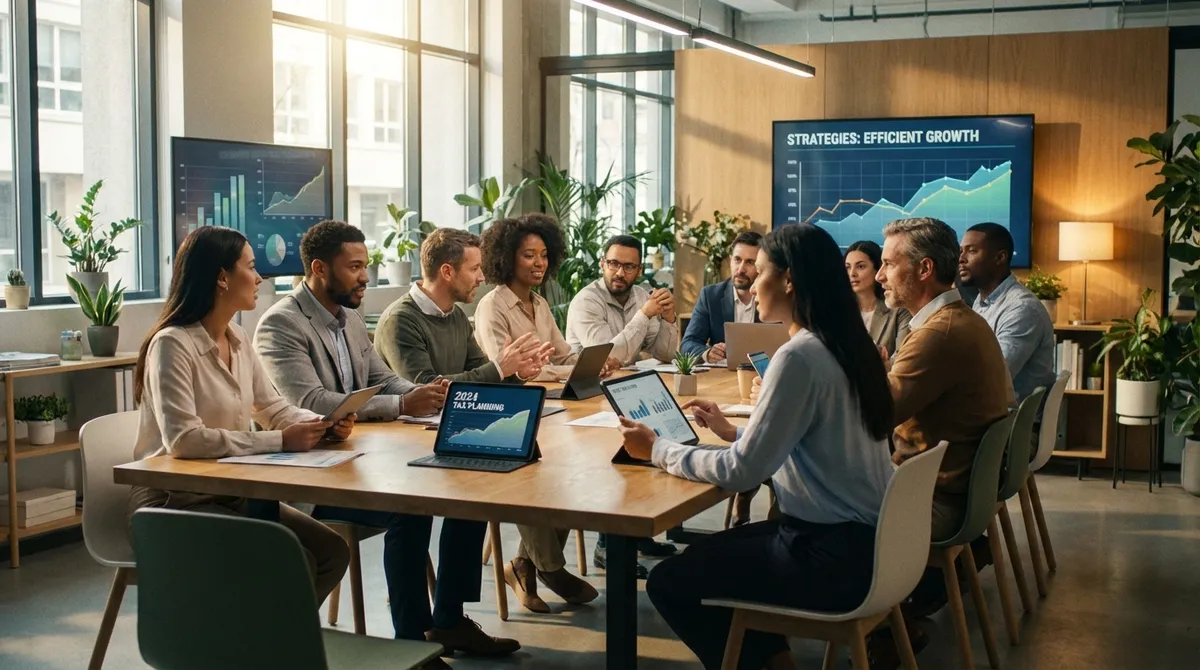 Professionals analyzing 2024 tax strategies in a modern office