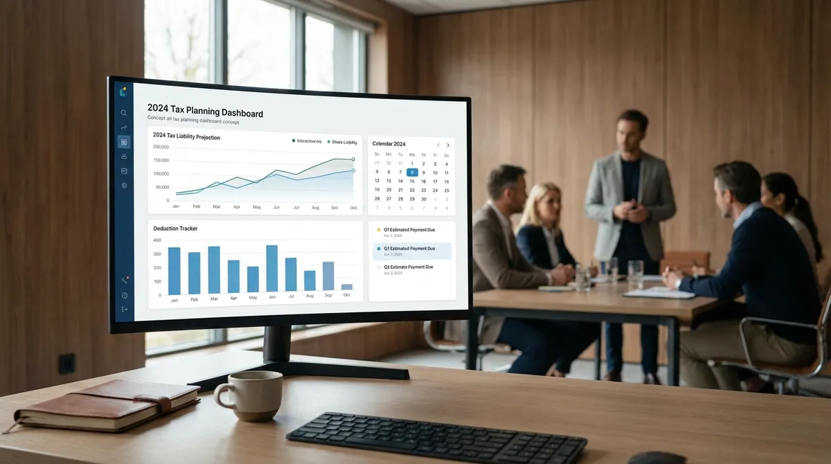 2024 Tax Planning Dashboard showing charts, calendar, and calculator tools