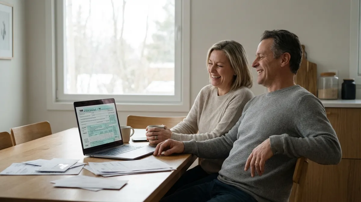 Couple reviewing 2024 tax refund estimate on laptop