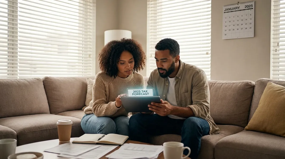 Couple planning their 2025 finances and taxes in a modern living room